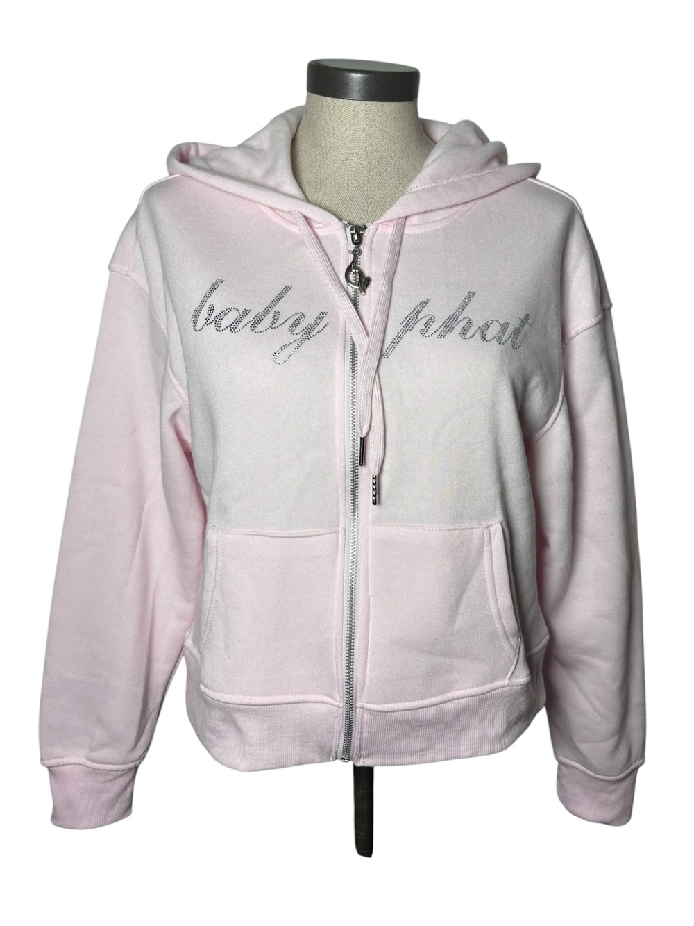 Baby Phat Pink Rhinestone Logo Zip Up Hoodie Y2K Streetwear Large Bling